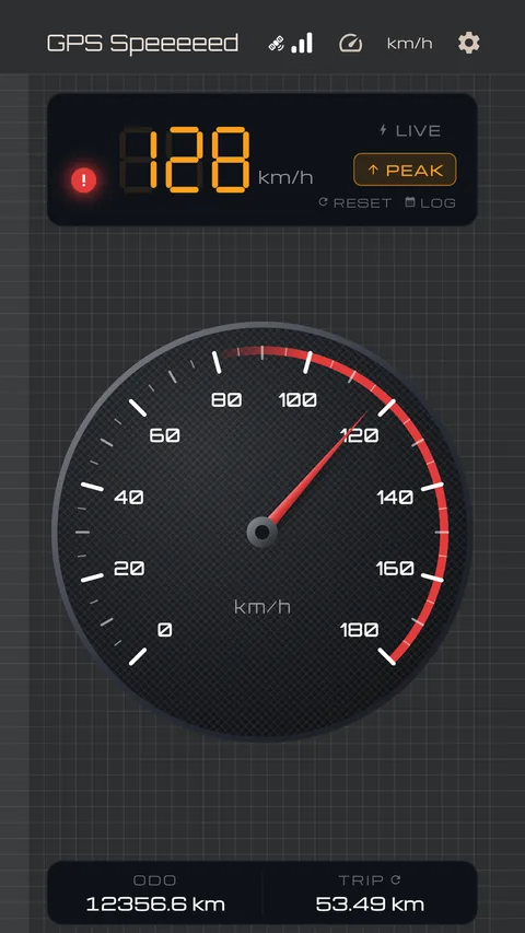 PEAK selected. RESET and LOG appear beneath the number.