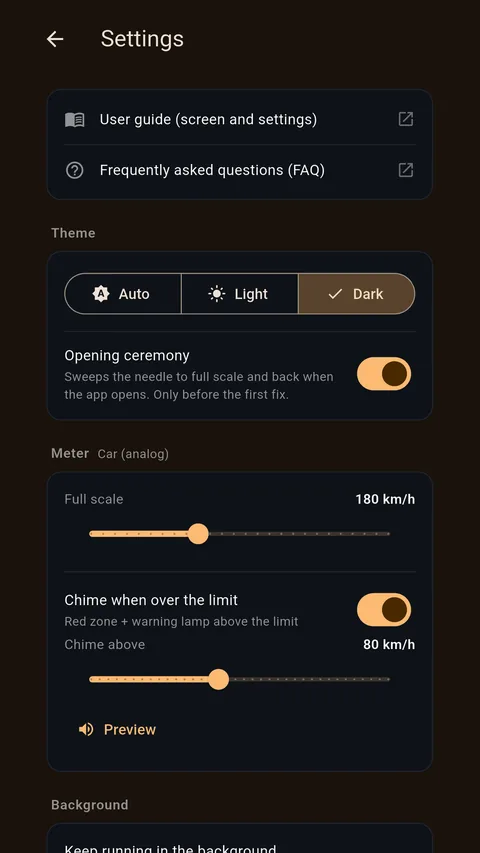 The settings screen: the guide and FAQ at the top, then the theme, then Meter — full-scale speed above, the over-speed chime below.